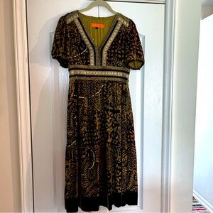 Cynthia Steffe Midi Dress Velvet Burnout Silk Blend XS/2/4 Green Brown Cocktail